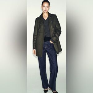 Zara Wool Blend Double Breasted Military Coat Khaki Size Medium NWT